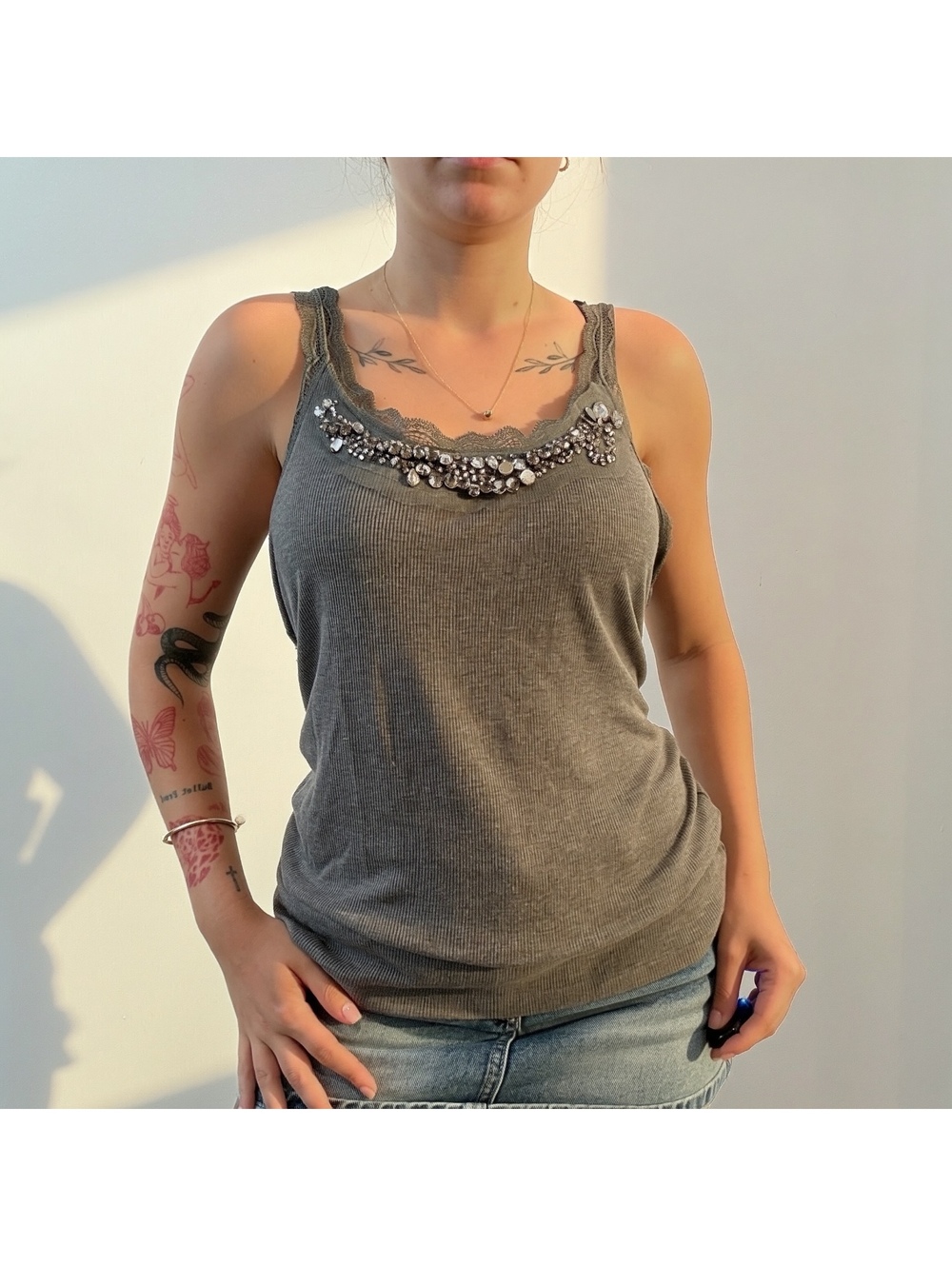 Princess Vera Wang Embellished Lace Trim Tank Top